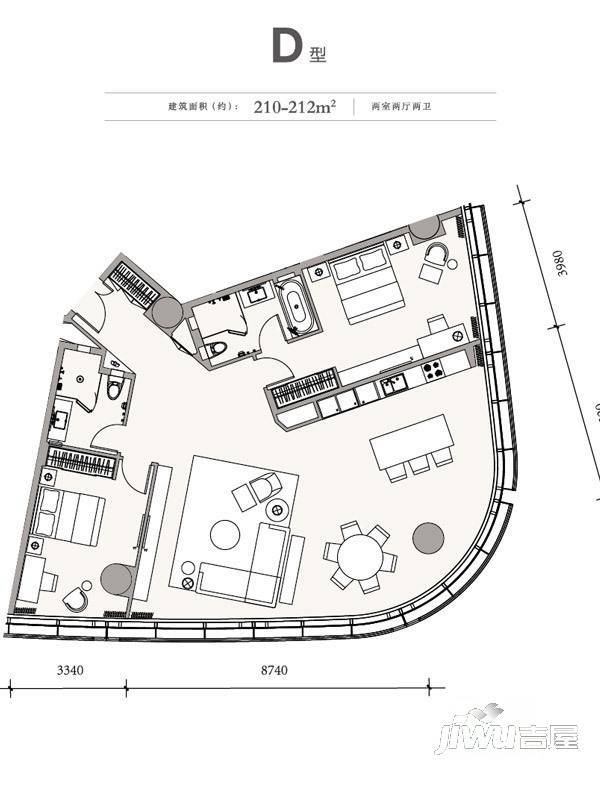 成都银泰中心华悦府2室2厅2卫210㎡户型图