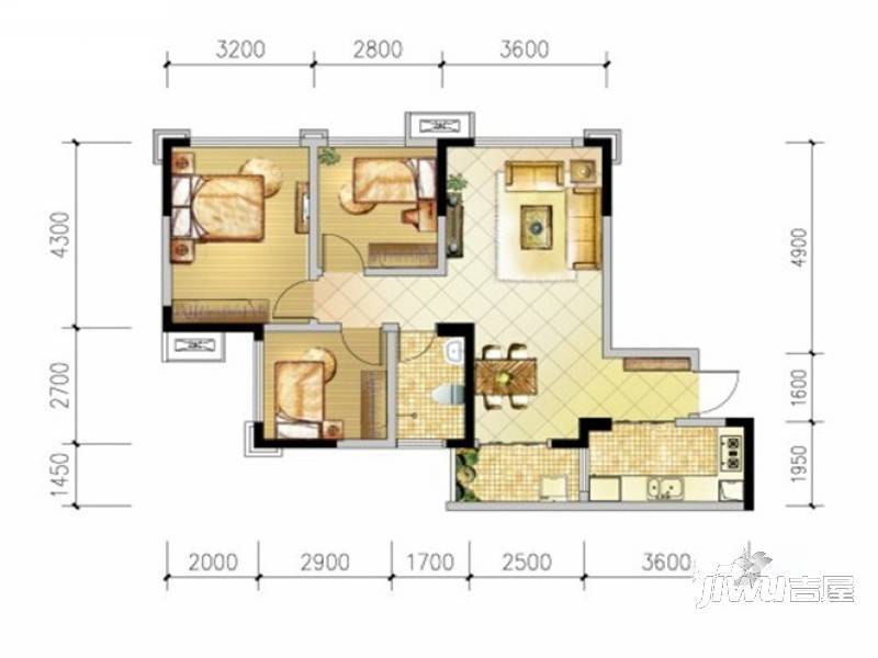 尉洪白兰地3室2厅1卫73㎡户型图