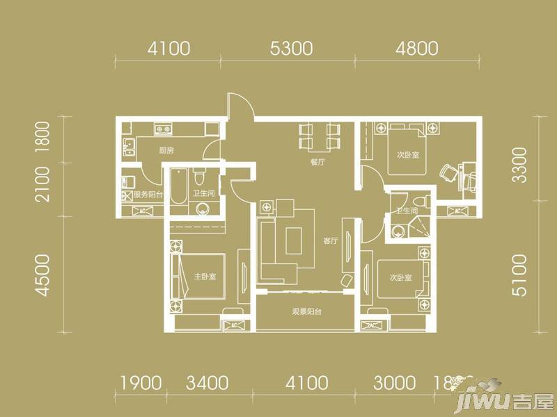 中房学府海棠3室2厅2卫122.6㎡户型图