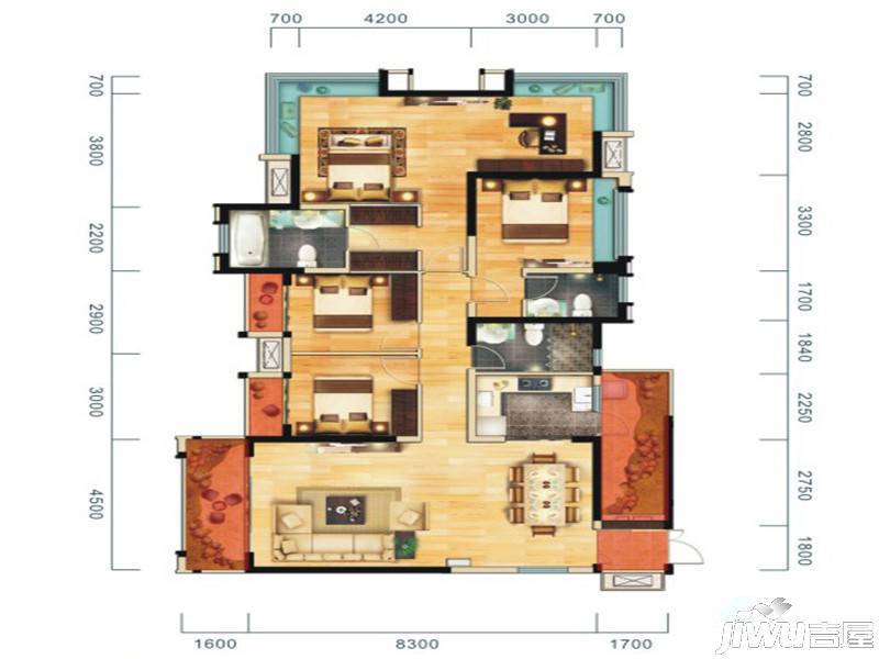 华侨城原岸4室2厅3卫164.3㎡户型图