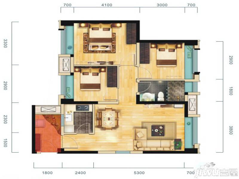 华侨城原岸3室2厅1卫88㎡户型图