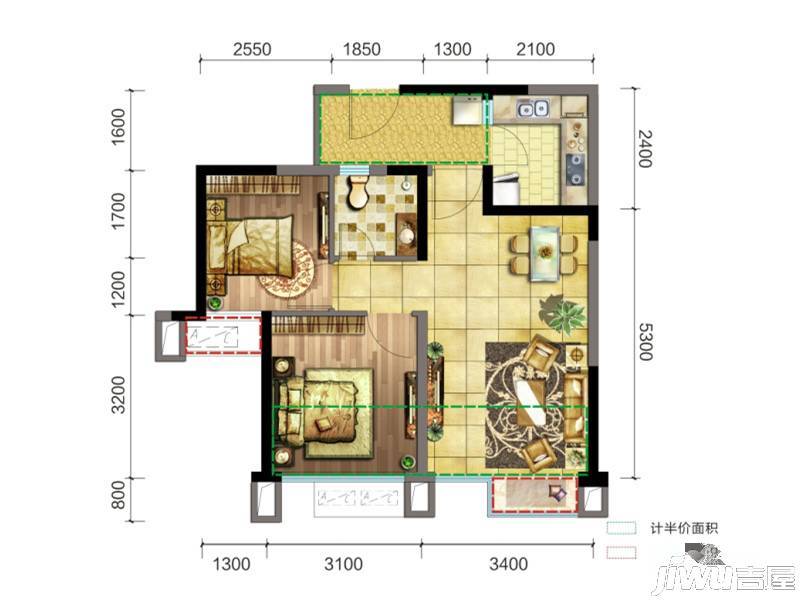 交大归谷建设派2室2厅1卫61㎡户型图