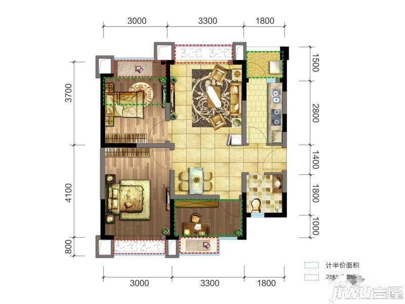 交大归谷建设派2室2厅1卫71㎡户型图