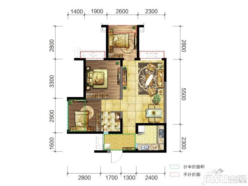 交大归谷建设派3室2厅1卫73㎡户型图