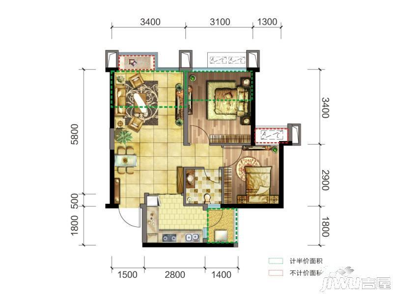 交大归谷建设派2室2厅1卫60㎡户型图