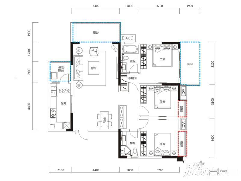 恒大天府半岛3室2厅2卫130㎡户型图