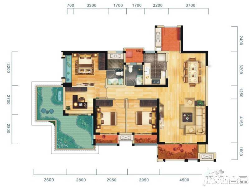 华侨城原岸4室2厅3卫141.6㎡户型图