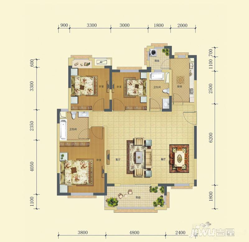 中信太阳城3室2厅2卫120㎡户型图