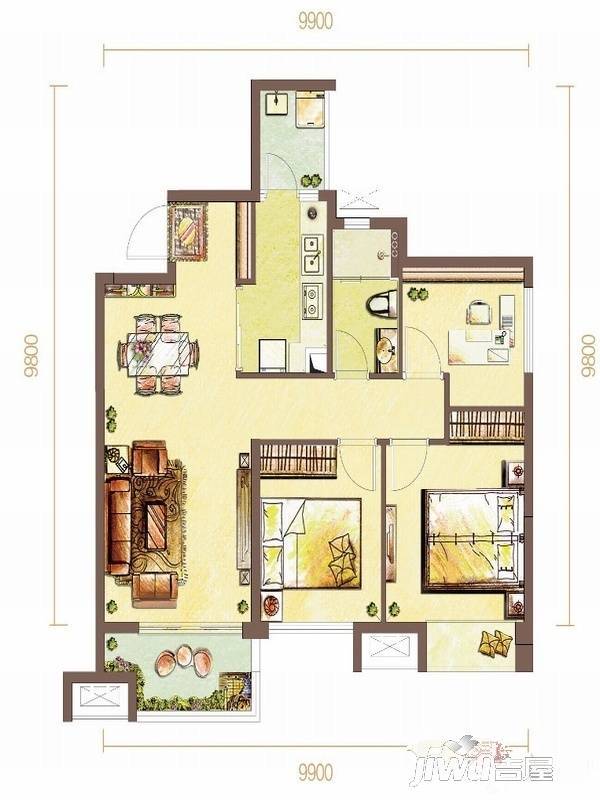 龙湖金楠天街商铺3室2厅1卫90㎡户型图