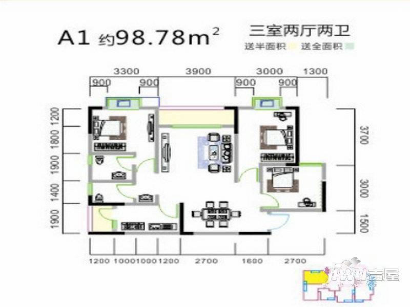 乔鹤西苑3室2厅2卫98.8㎡户型图