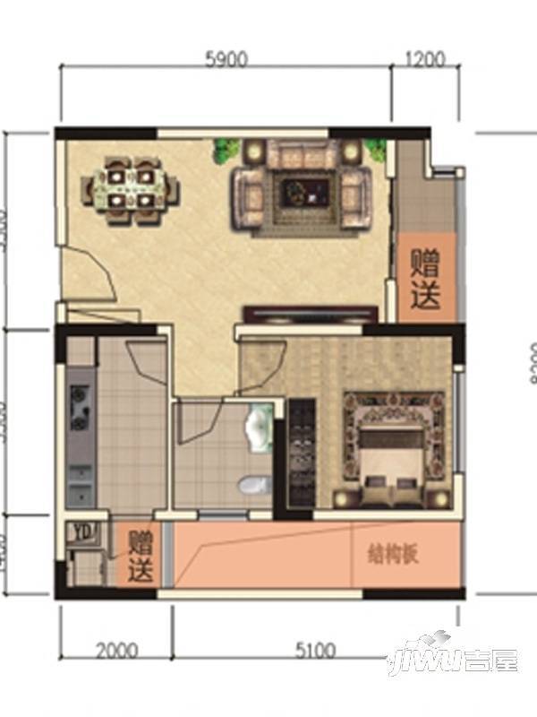 璧山奥迈璧城公馆1室2厅1卫59.4㎡户型图