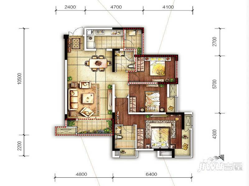 融汇温泉城锦绣里3室2厅1卫83㎡户型图