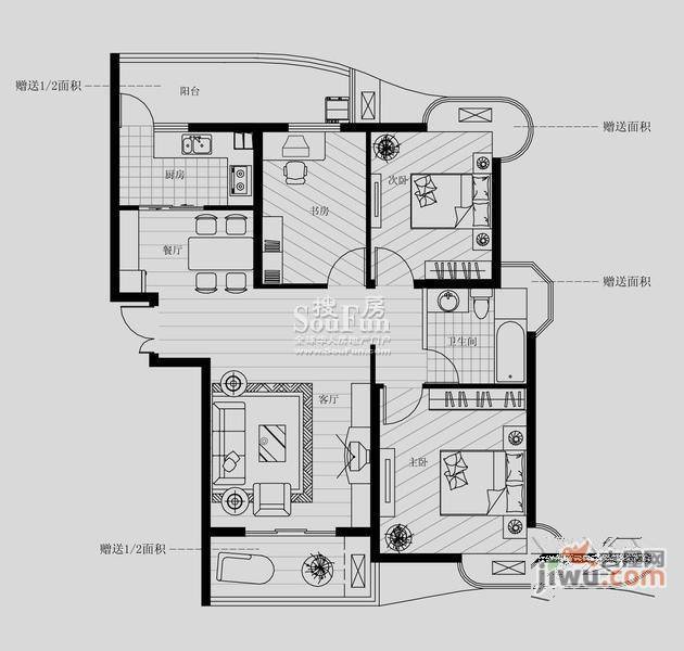 尚东国际3室2厅1卫120㎡户型图