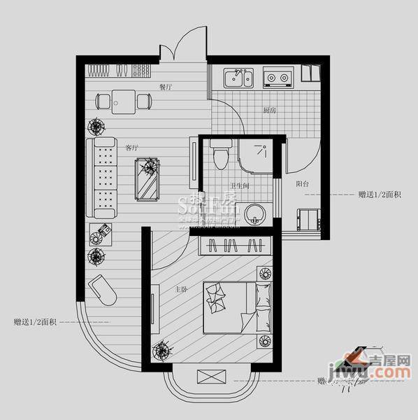 尚东国际1室1厅1卫46.5㎡户型图