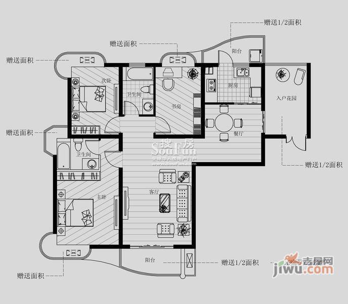 尚东国际3室2厅2卫143㎡户型图