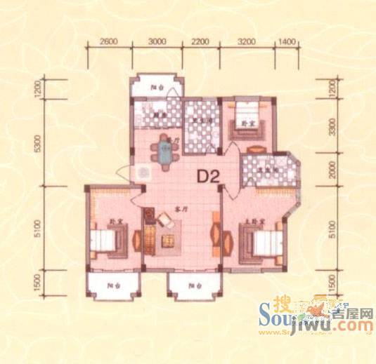 银泰万和世家3室2厅2卫130㎡户型图