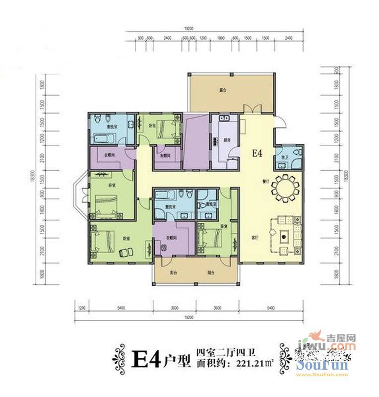 上海公寓4室2厅3卫221.2㎡户型图