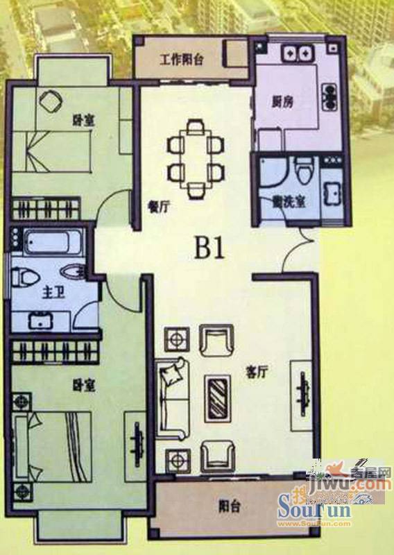 上海公寓2室2厅2卫122.4㎡户型图