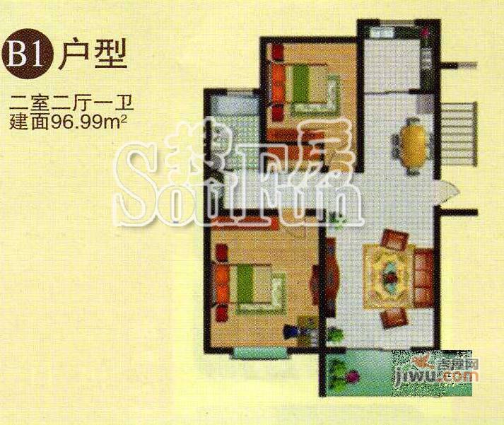 御都花园2室2厅1卫94.3㎡户型图