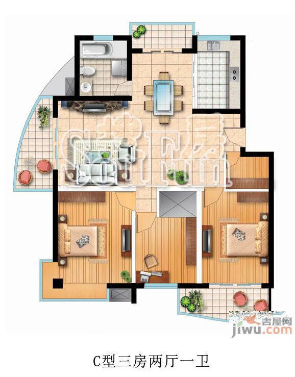 华都名城3室2厅1卫130㎡户型图