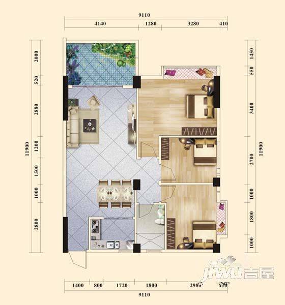 京源上景1室2厅2卫125㎡户型图