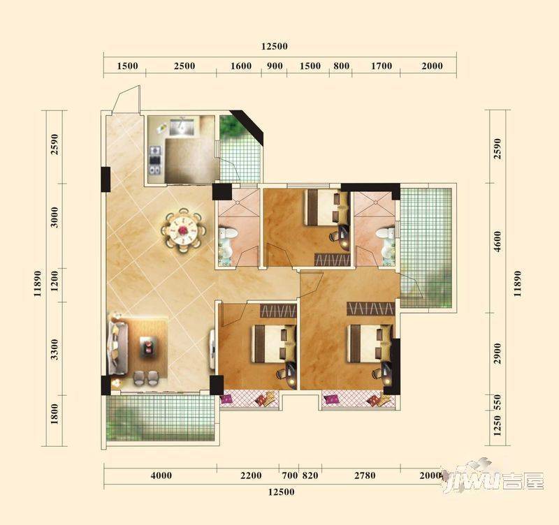 京源上景1室2厅2卫125㎡户型图