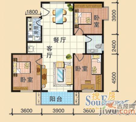 咏春公寓3室2厅1卫户型图