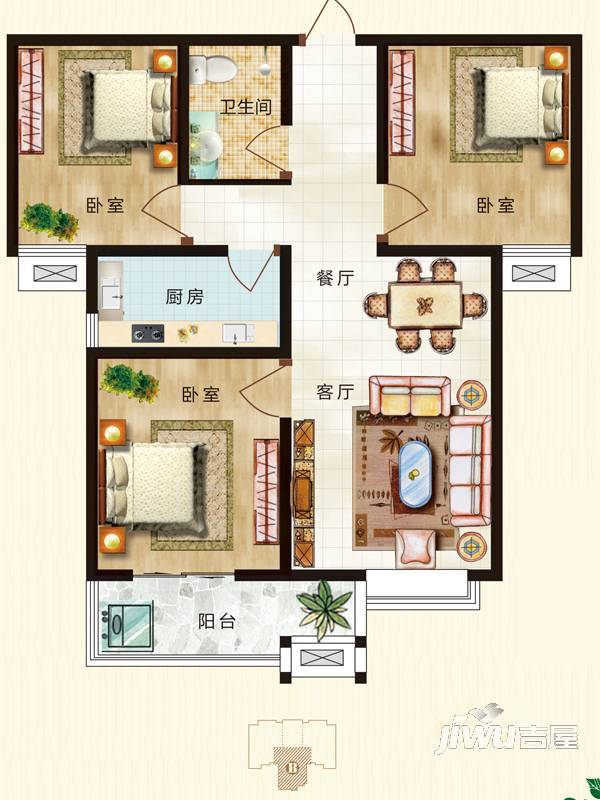 正基小镇3室2厅1卫100.8㎡户型图