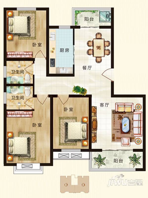 正基小镇3室2厅2卫128.7㎡户型图