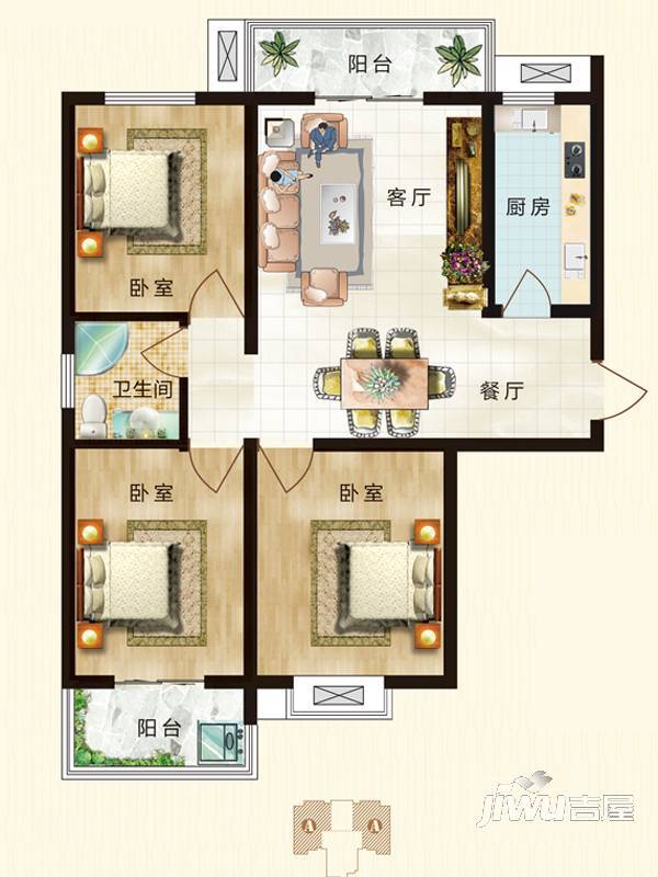 正基小镇3室2厅1卫99.5㎡户型图