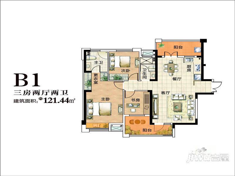 咸宁未来天地3室2厅2卫121.4㎡户型图