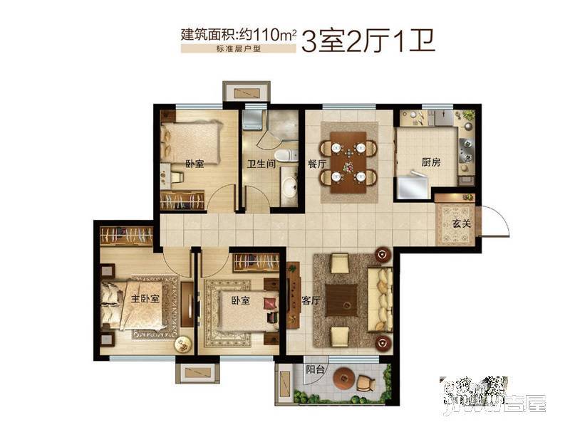 「大连天地」悦龙居3室2厅1卫110㎡户型图