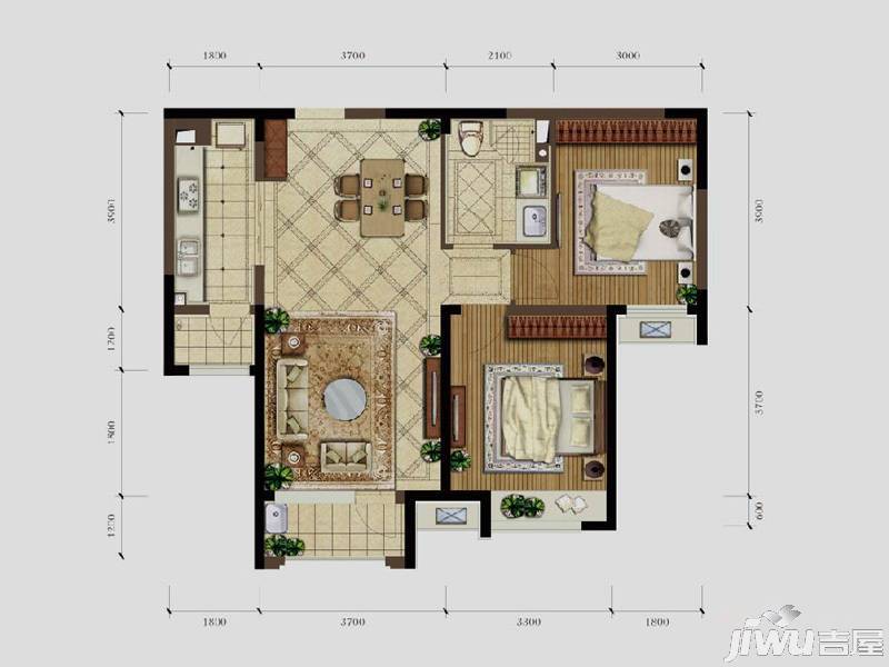 中海紫御观邸四期2室2厅1卫84㎡户型图