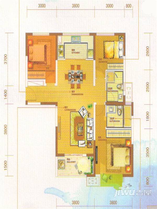 亚澜湾3室2厅2卫108㎡户型图