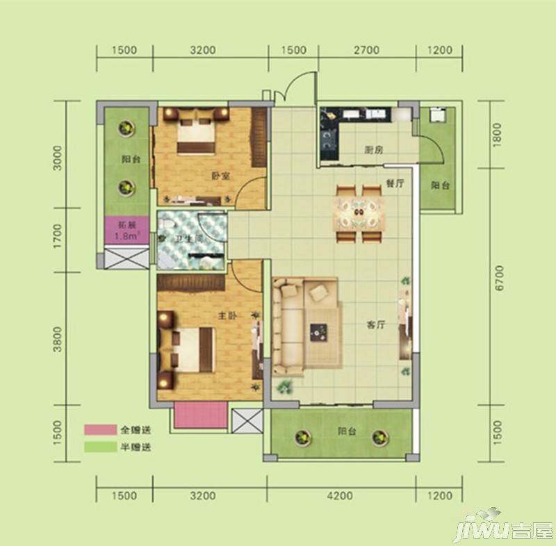 上荷广场2室2厅1卫87.8㎡户型图