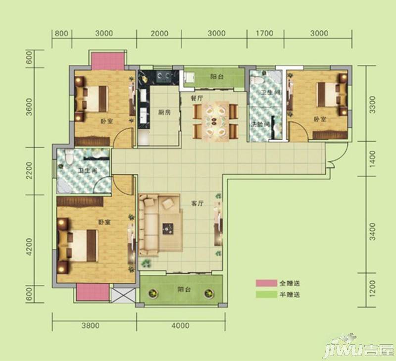 上荷广场3室2厅2卫127.5㎡户型图