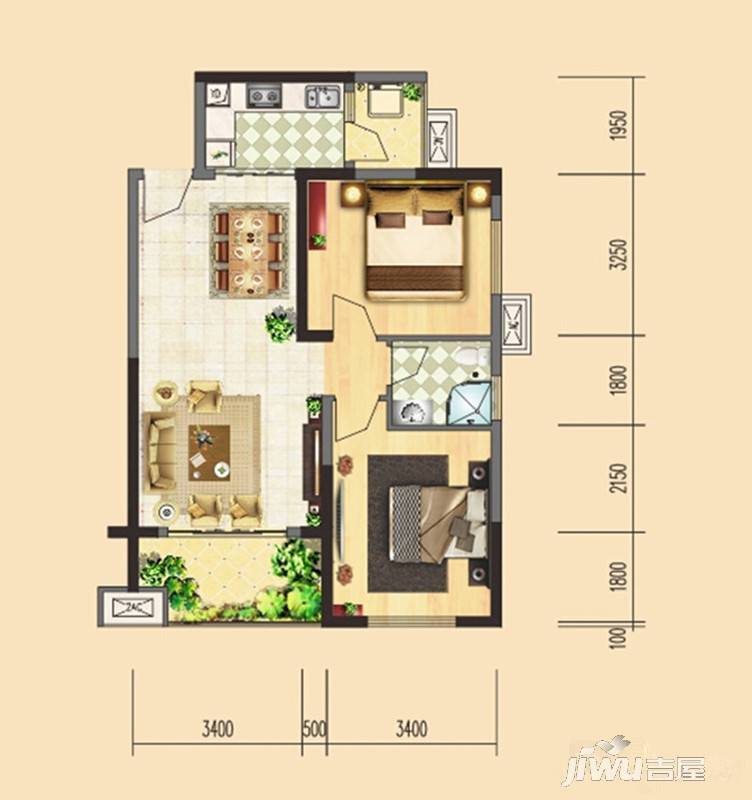 鸿坤国际2室2厅1卫88㎡户型图