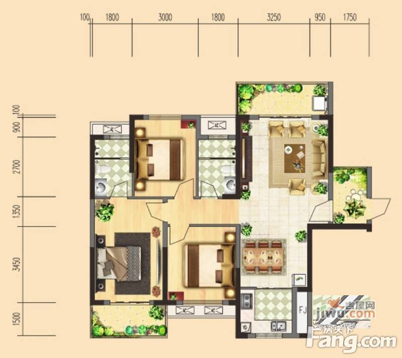 鸿坤国际3室2厅2卫119.8㎡户型图