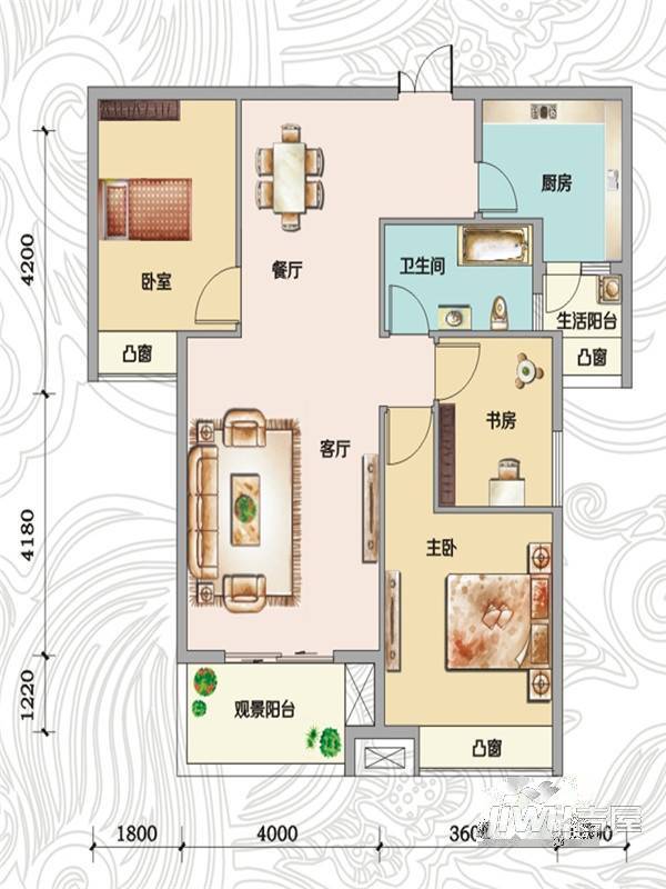 鸿景新城3室2厅1卫100㎡户型图