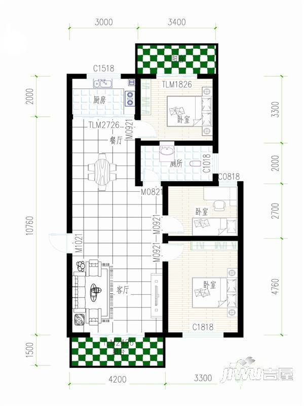 宝成佳园3室2厅1卫107㎡户型图