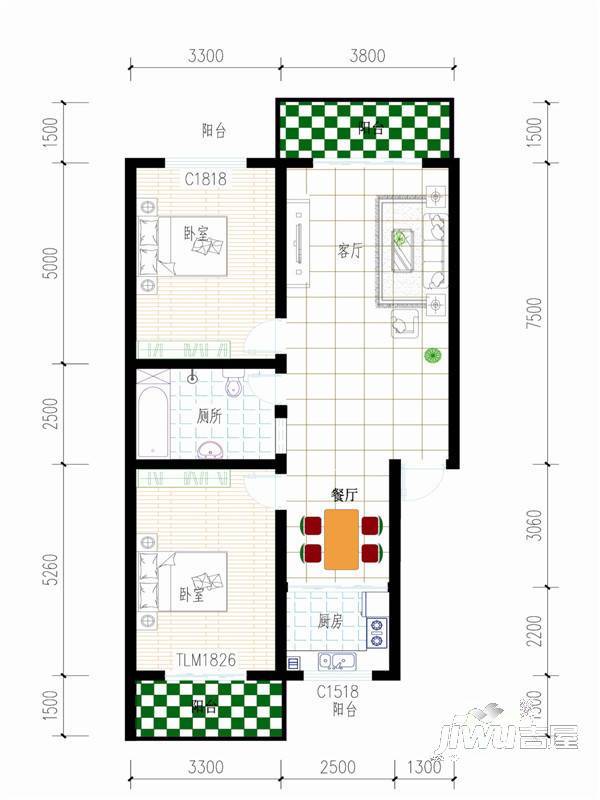 宝成佳园2室2厅1卫99.7㎡户型图