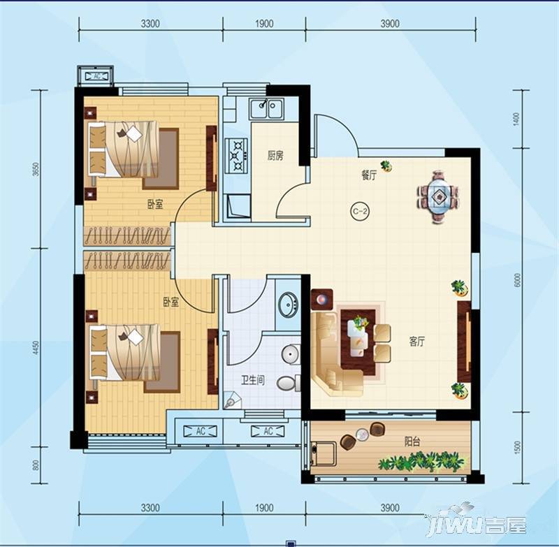 香港城2期2室2厅1卫86.2㎡户型图