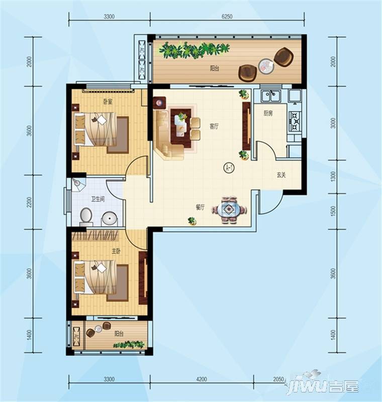 香港城2期2室2厅1卫97㎡户型图