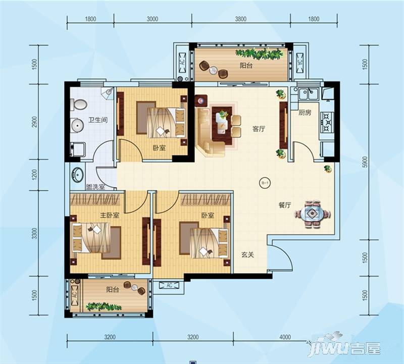 香港城2期3室3厅1卫100㎡户型图