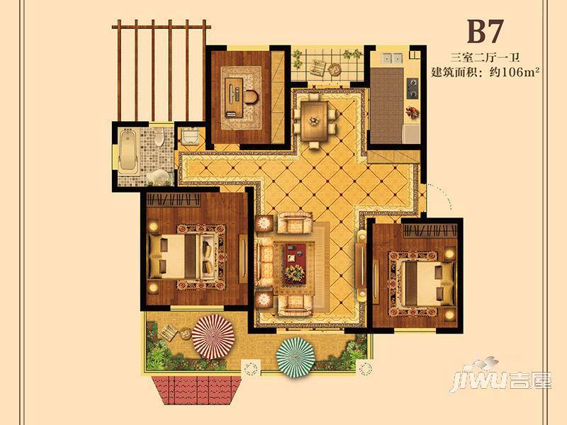 金色威尼斯3室2厅1卫106㎡户型图