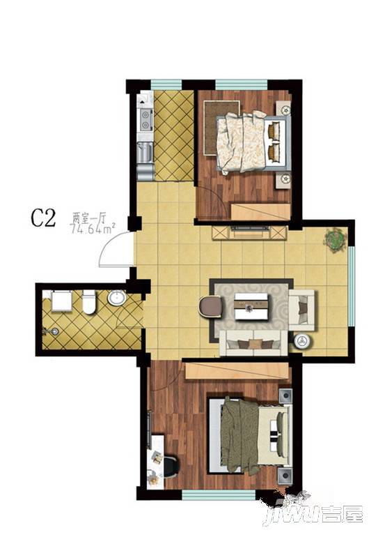 钰城竹林佳苑2室1厅1卫74.6㎡户型图