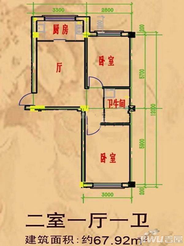 阳光彼岸2室2厅1卫76㎡户型图