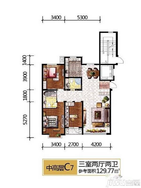 宏运凤凰新城一期3室2厅2卫123.6㎡户型图