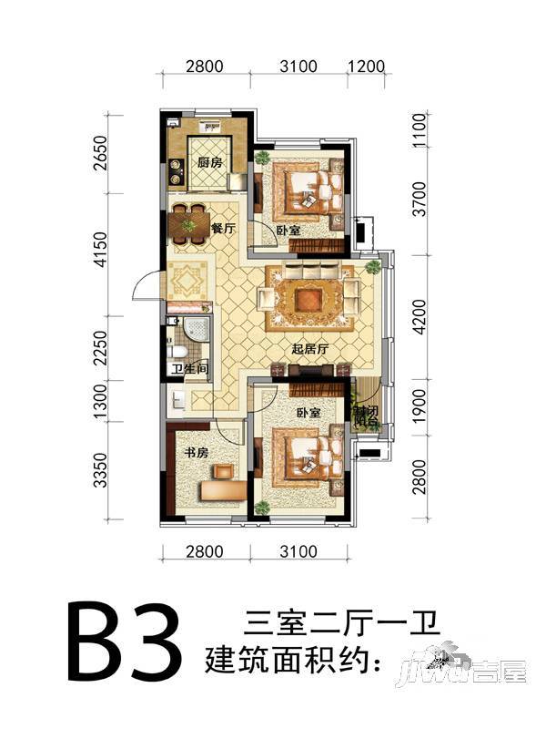 观山悦公馆3室2厅1卫110㎡户型图