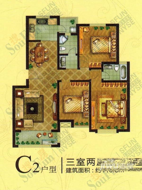 江北绿城3室2厅1卫116㎡户型图